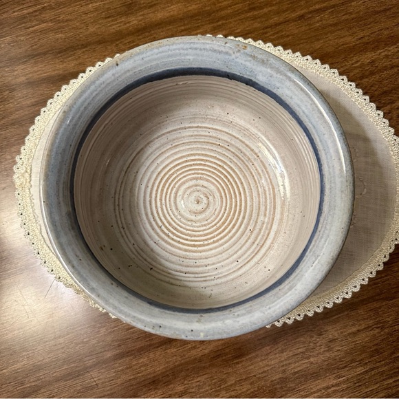 Blue Brushed Wheel Thrown Half Cylinder Round Bowl Crock Signed Studio Pottery - Picture 3 of 8